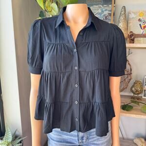 NWT, Francesca's Janice Tiered Ruffle Babydoll Button Down Black Blouse